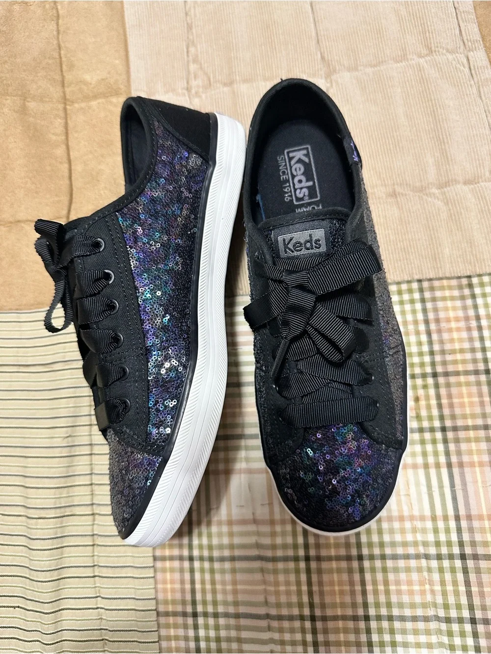 Keds Kids Black Iridescent Sequin Ribbon Lace Sneakers